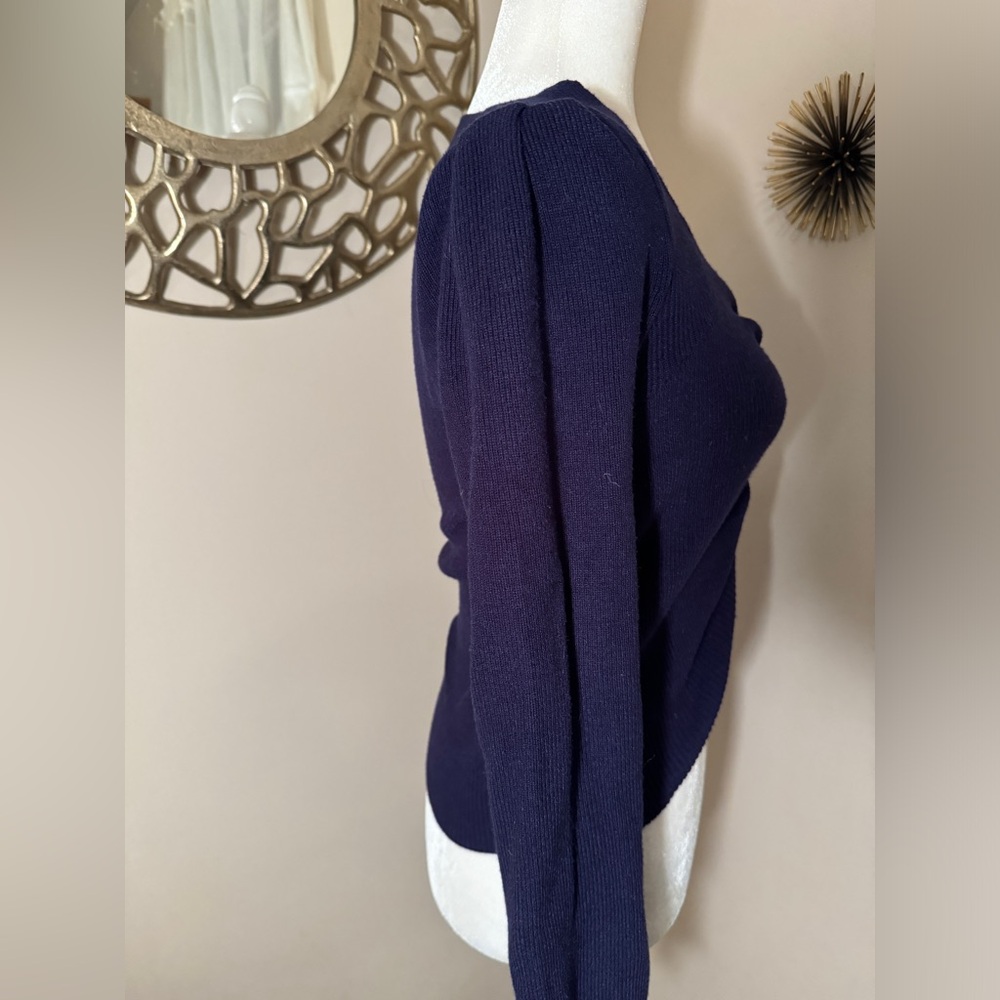 Blue Crop Ruched Ribbed Knit Sweater - Picture 6 of 10